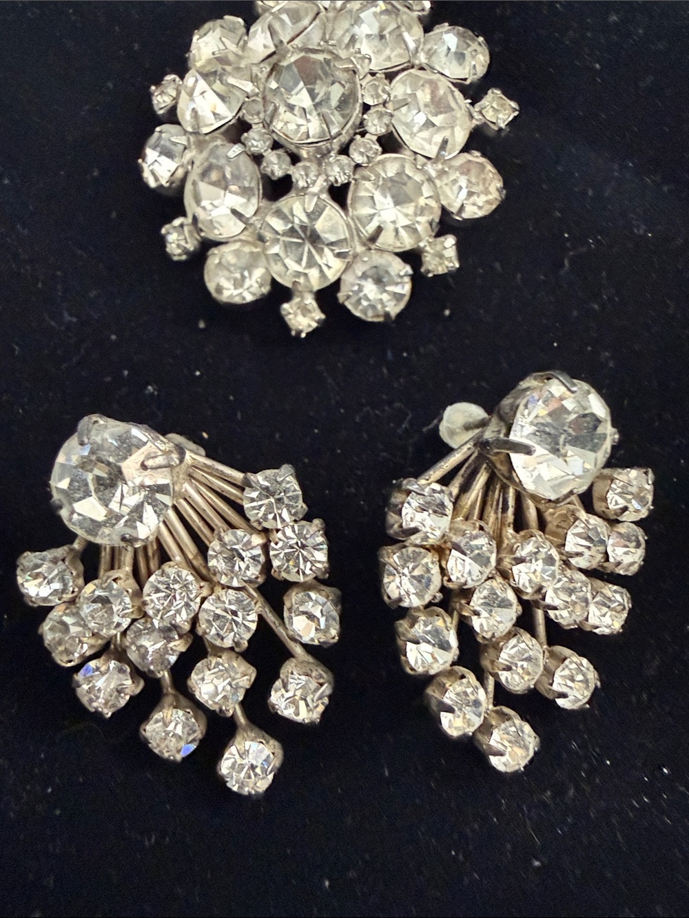 Crystal Cluster Earrings and Brooch Set - Silver-Tone Clear Rhinestones